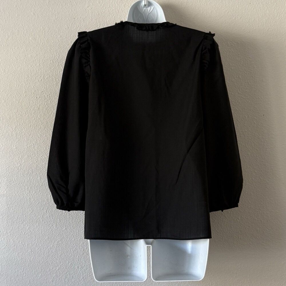 Emilio Pucci Ruffle Tie-Neck Blouse Size 6 Black Long Sleeve Italy Dark Romantic - Picture 2 of 7
